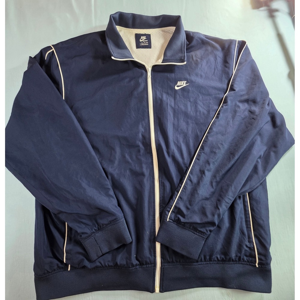Nike Sportswear Mens XXL Navy Blue Full Zip Track Jacket White Piping MeshLining